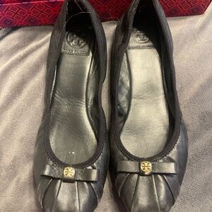 Tory Burch Black Leather Flats with Gold Emblem